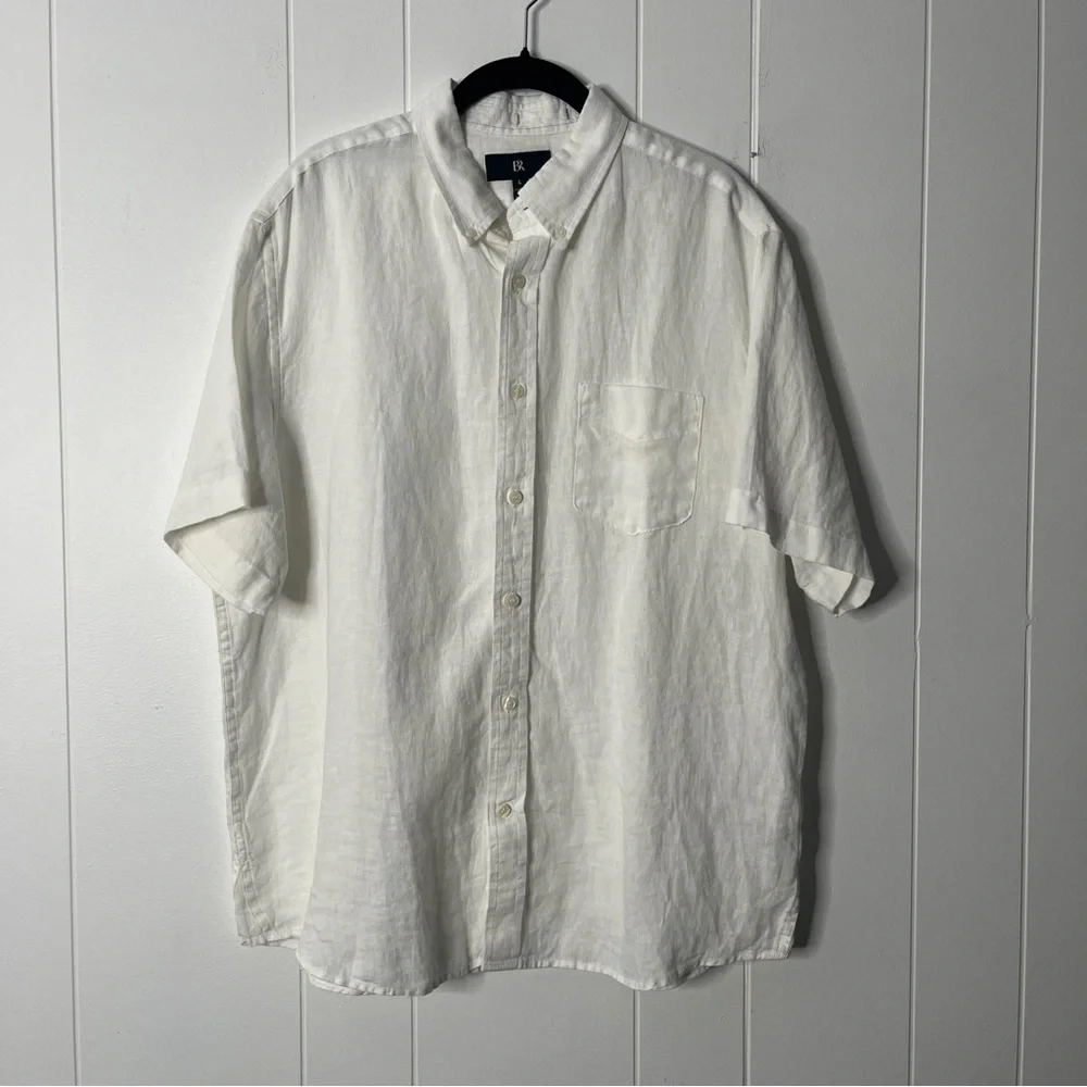 Banana Republic White 100% Linen Short Sleeve Shirt Standard Fit Men's L